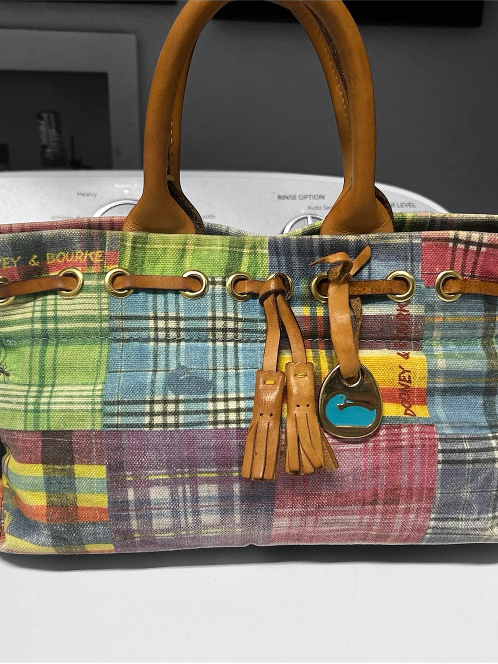 Dooney & Bourke Multicolor Picnic with Ants Plaid Tote Tan Leather Trim VINTAGE